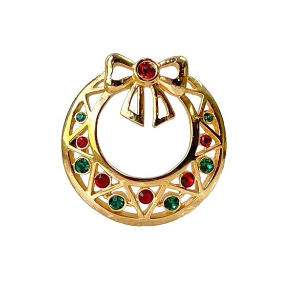 2000 Lia Sophia Gold Plate Red & Green Rhinestone Christmas Wreath Holiday Pin - Picture 3 of 3